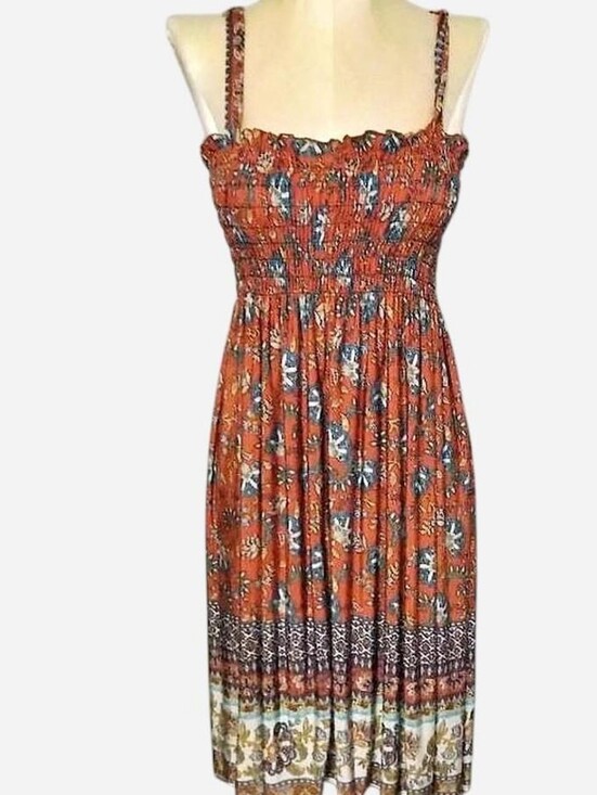 Source Unknown Dresses & Skirts - Source Unknown Rust Floral Smocked Midi Dress with Border Print